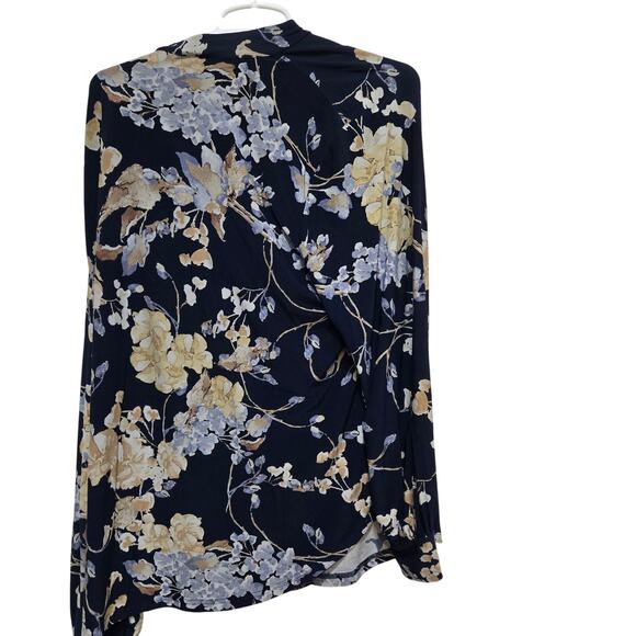 Lauren Ralph Lauren 2X Navy Floral Tie Neck Long Sleeve Blouse - Picture 2 of 7